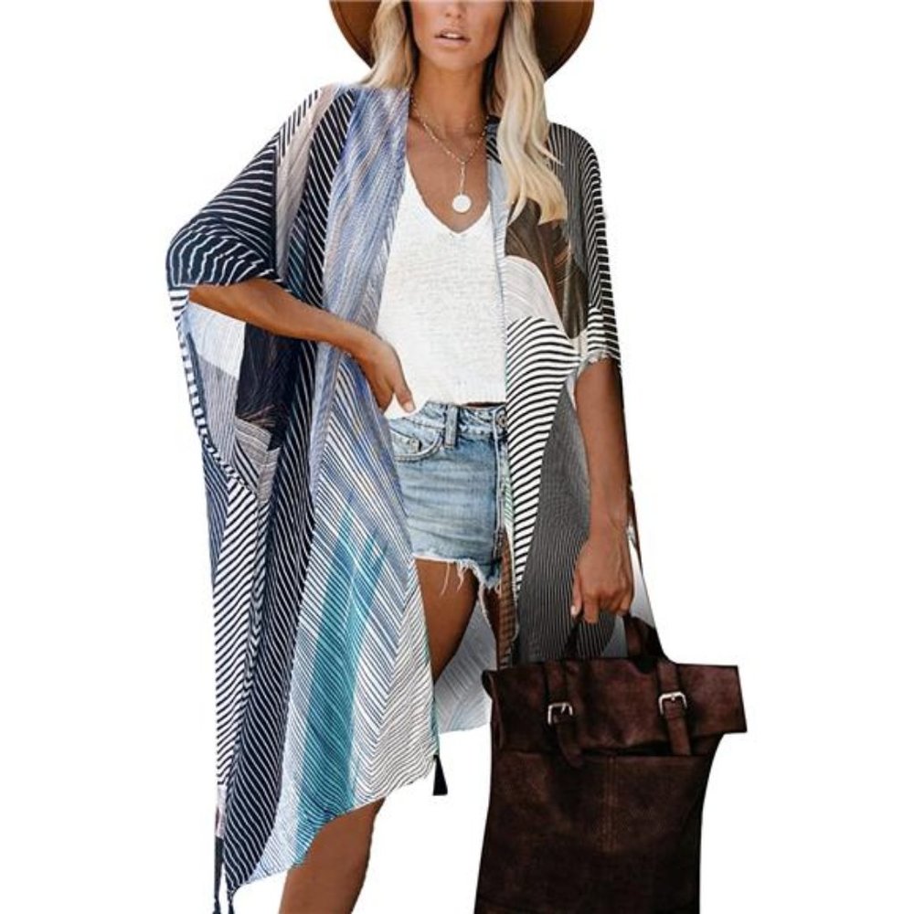 Women's Beach Cover up Swimsuit Kimono with Bohemian Floral Print